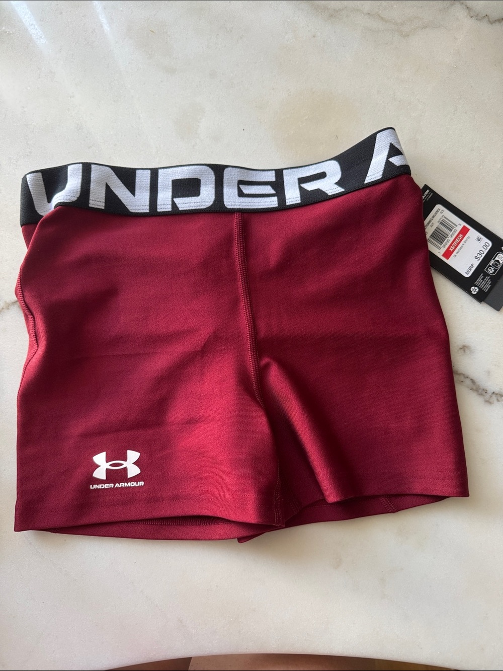 Under Armour Women's Maroon Athletic Compression Shorts with Branded Waistband